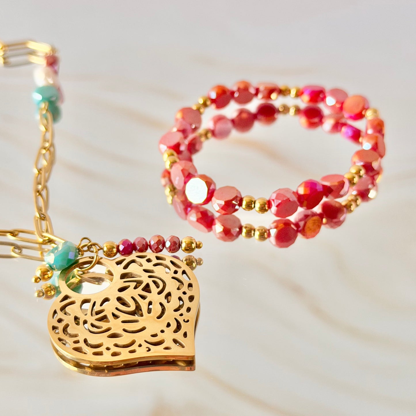 Set Corazón Turquesa y Rojo